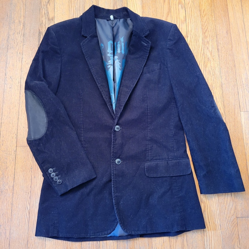 Juicy Couture 42 Blazer Black Corduroy Leather Elbow Patch Autumn Fall Preppy